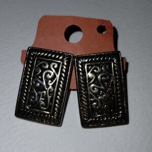 Vintage Damascene Gold Tone Stud Back Costume Jewelry Rectangular Earrings